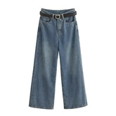 Jean droit à jambe large, taille haute, ample, pantalon décontracté assorti avec ceinture